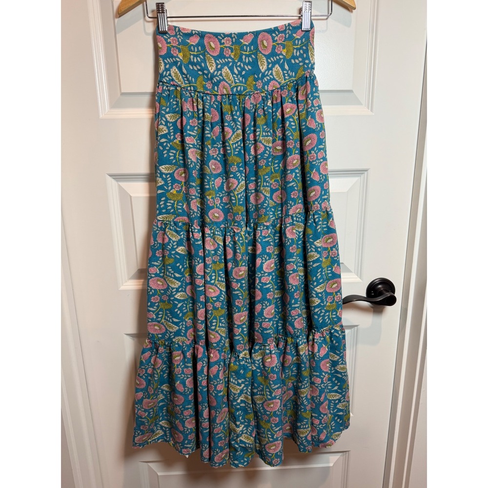 Natural Life Teal Pink Floral Tiered Maxi Skirt Smocked Back XS Boho Rayon